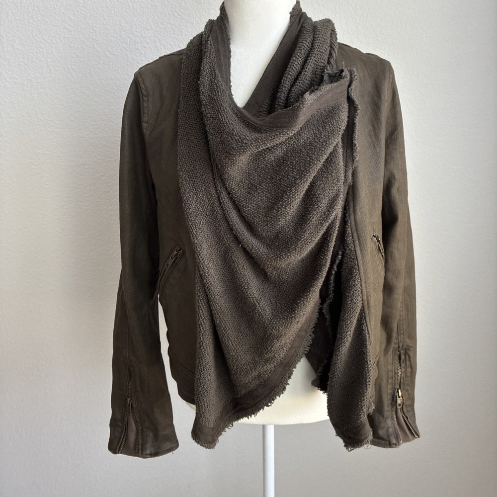 Free People Draped Front Brown Moto Zip Denim Jacket Cardigan Women's Size 8